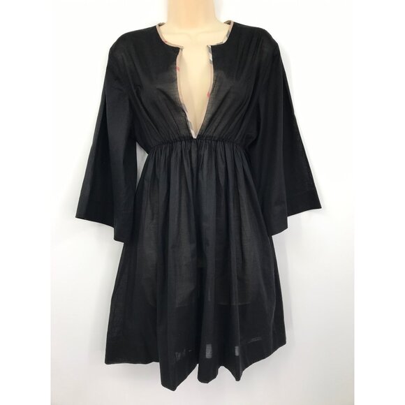 Burberry Dresses & Skirts - Burberry Babydoll Plaid Trim Deep V-Neck Dress Lightweight Cotton Black Large